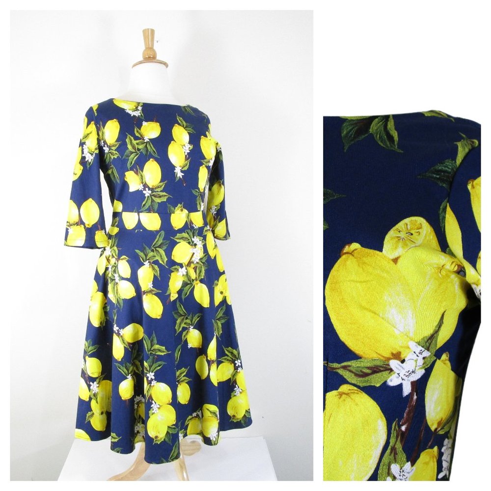 Artter Womens Plus Size Retro Lemon Belted A-Line Fit Flare Midi Dress Size L
